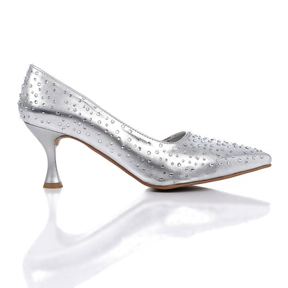 Leather Strassed Pointed Heels - Silver