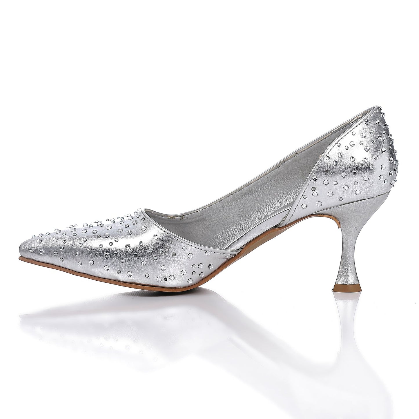 Leather Strassed Pointed Heels - Silver