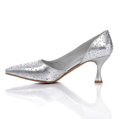 Leather Strassed Pointed Heels - Silver