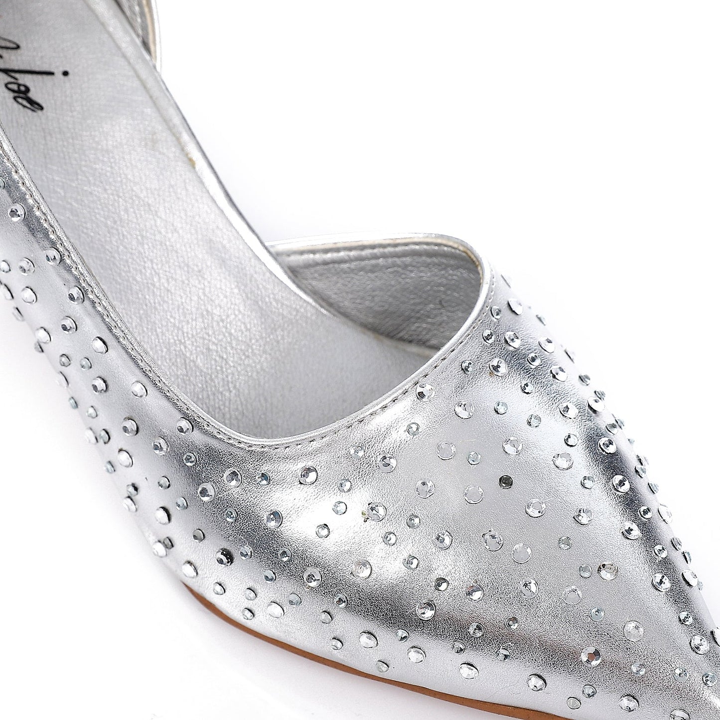 Leather Strassed Pointed Heels - Silver
