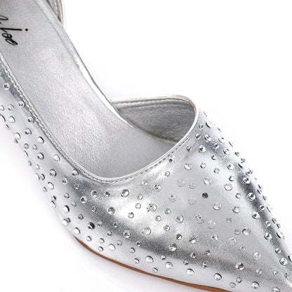 Leather Strassed Pointed Heels - Silver