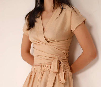 Linen Wrap-Front Top - Beige