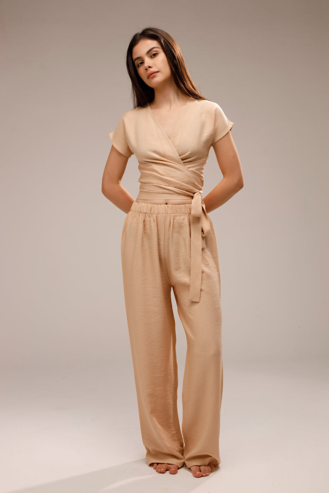 Linen Wrap-Front Top - Beige