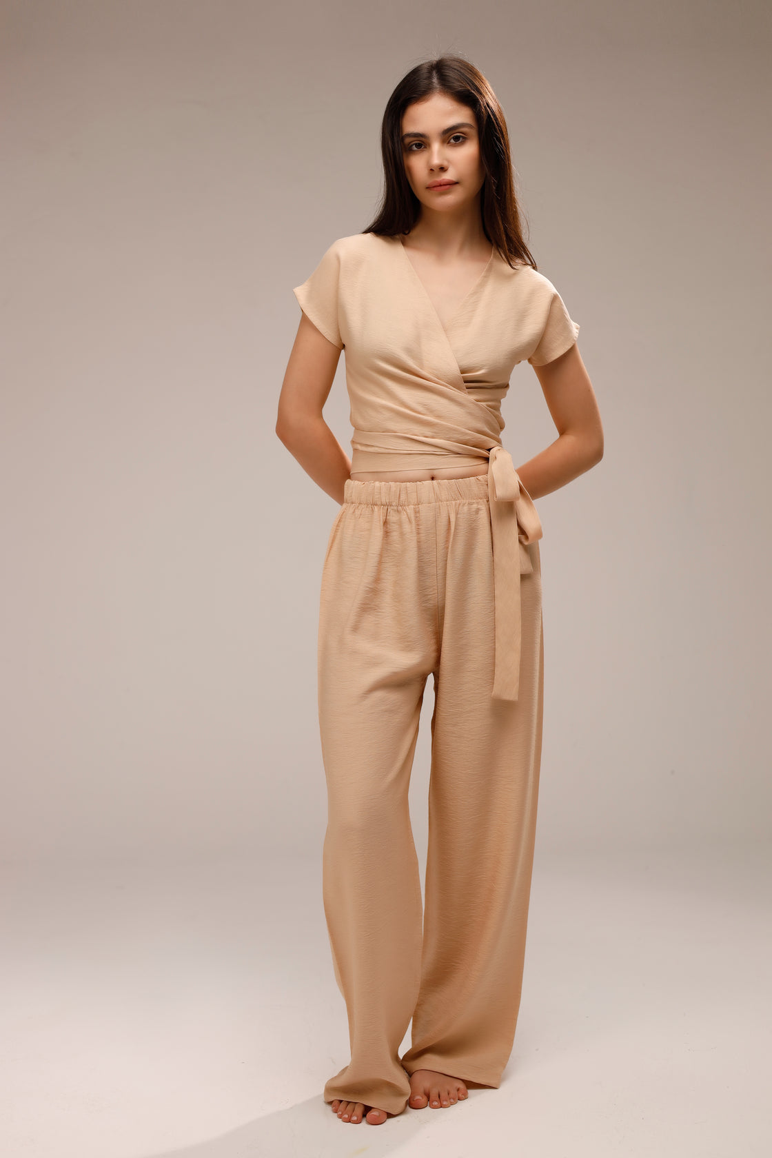 Linen Wrap-Front Top - Beige