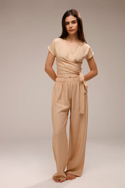 Linen Wrap-Front Top - Beige