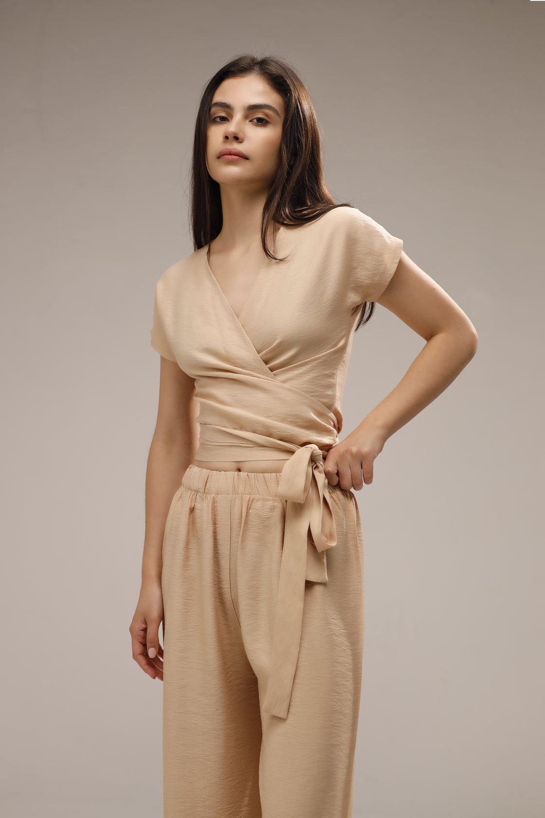 Linen Wrap-Front Top - Beige