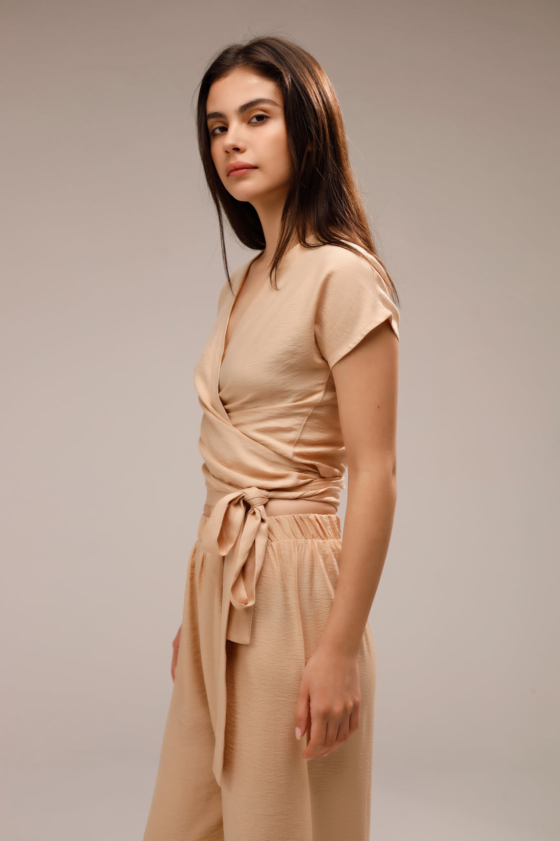 Linen Wrap-Front Top - Beige