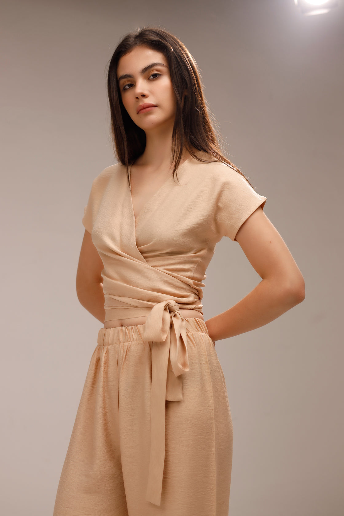 Linen Wrap-Front Top - Beige