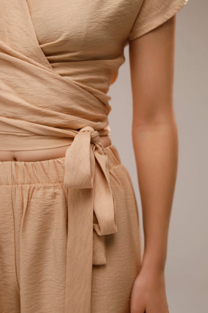 Linen Wrap-Front Top - Beige