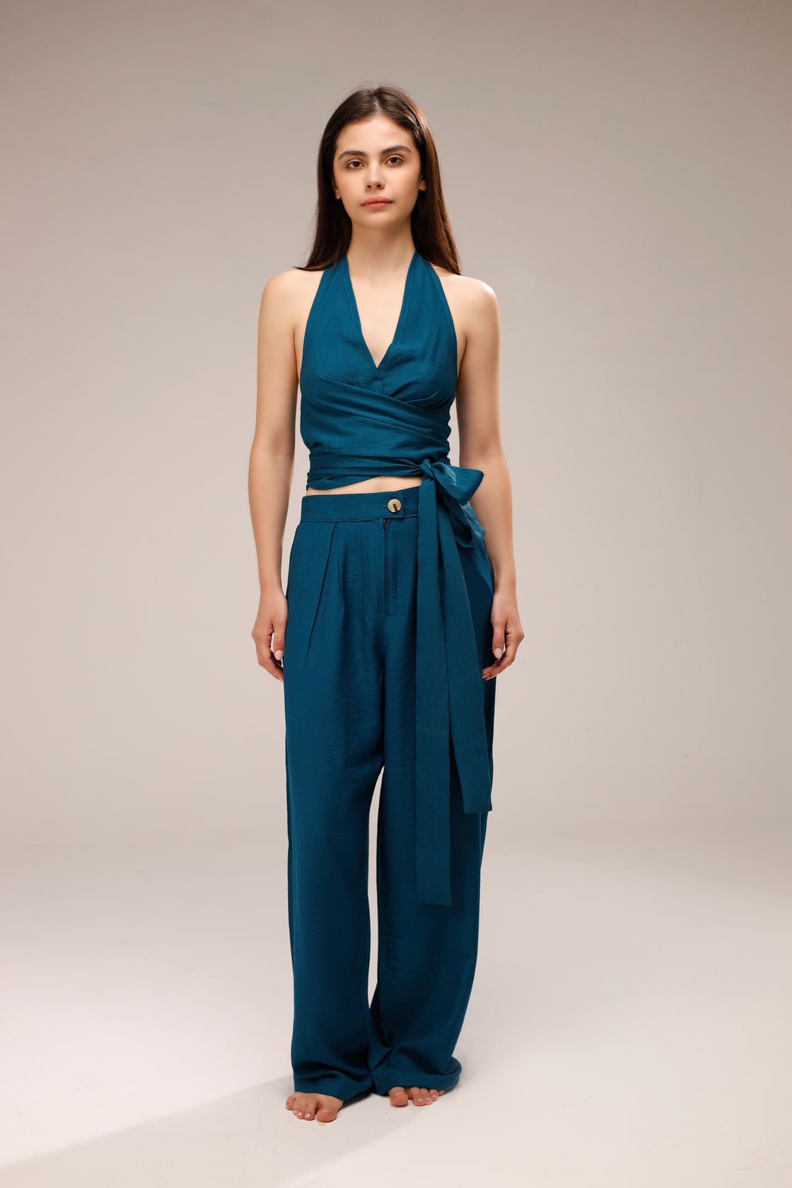 Linen Halter Wrap Top - French Blue