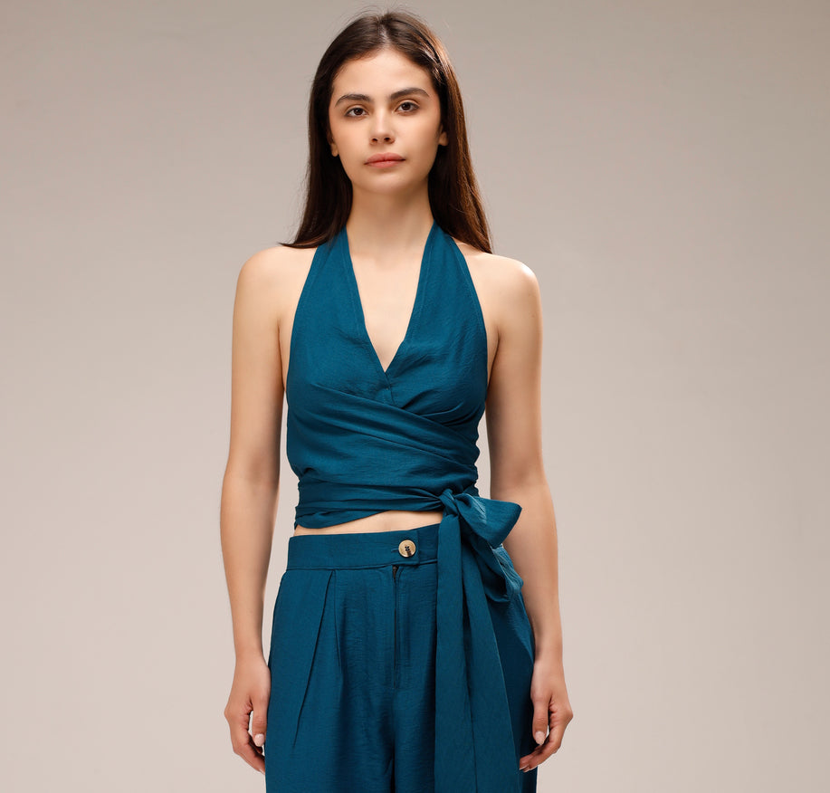 Linen Halter Wrap Top - French Blue