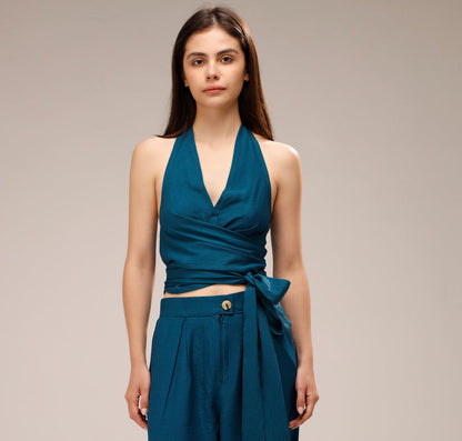 Linen Halter Wrap Top - French Blue