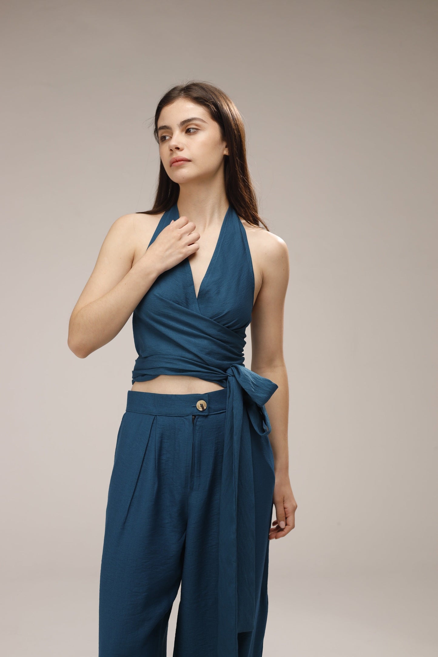 Linen Halter Wrap Top & Wide-Leg Pants Set - French Blue