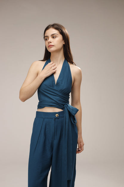 Linen Halter Wrap Top & Wide-Leg Pants Set - French Blue