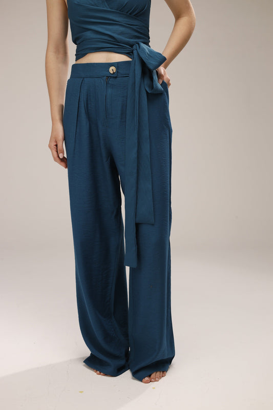 Linen Wide-Leg Pants - French Blue