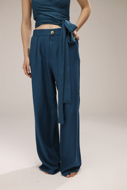 Linen Halter Wrap Top & Wide-Leg Pants Set - French Blue