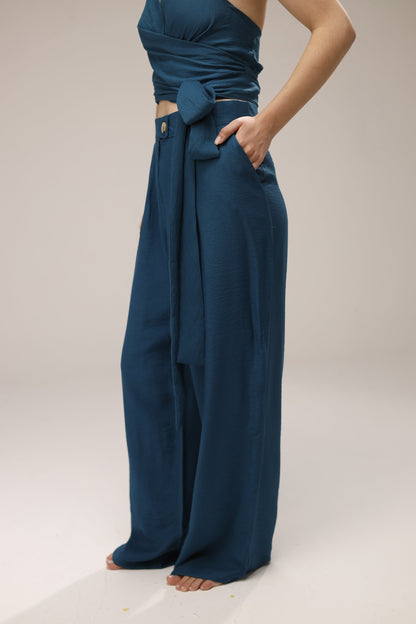 Linen Halter Wrap Top & Wide-Leg Pants Set - French Blue