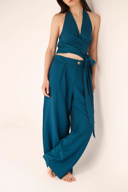 Linen Halter Wrap Top - French Blue