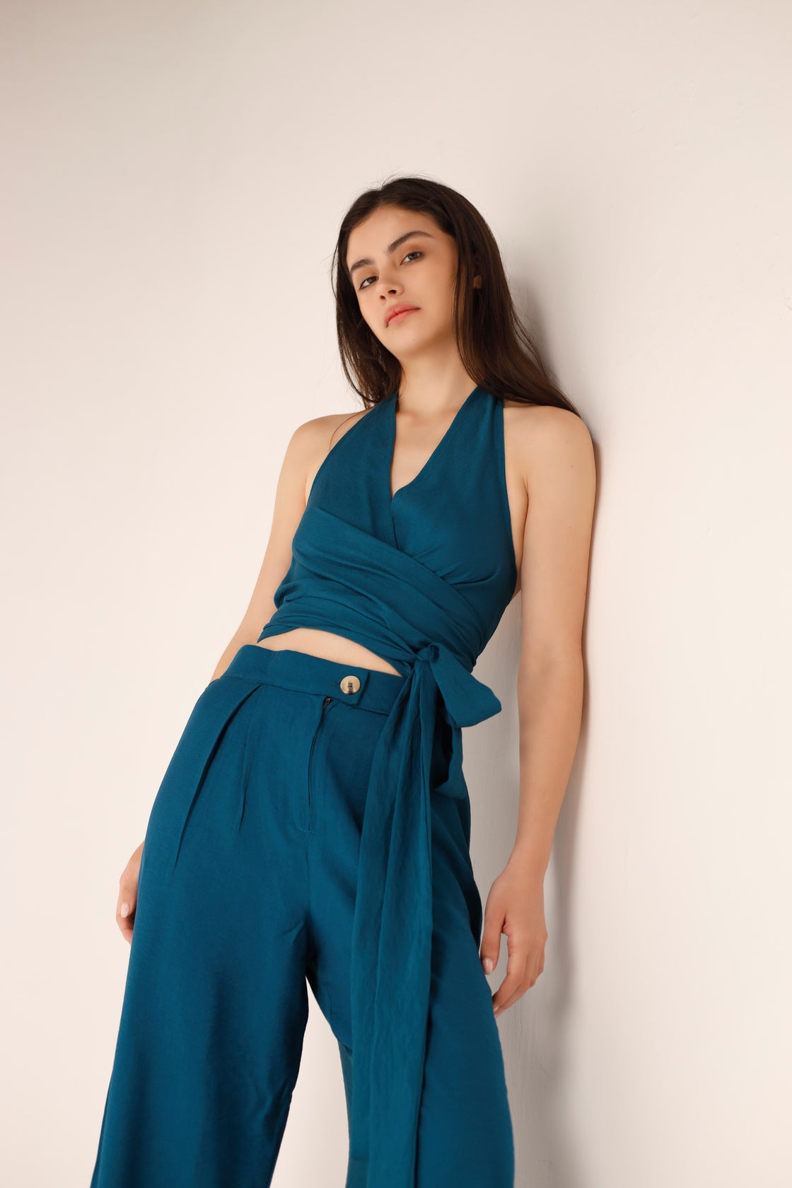 Linen Halter Wrap Top & Wide-Leg Pants Set - French Blue