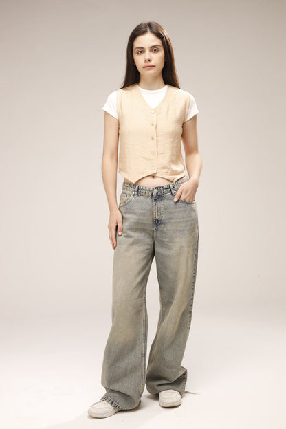 Linen Button Front Vest - Beige