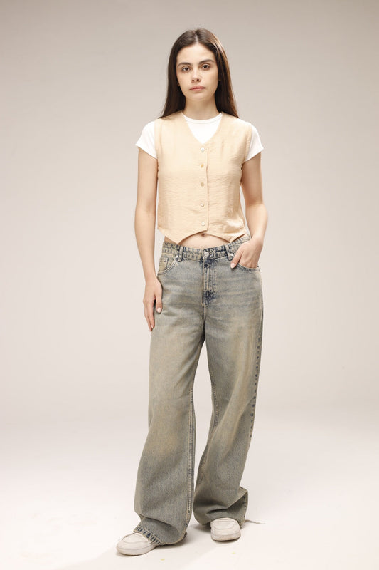 Linen Button Front Vest - Beige