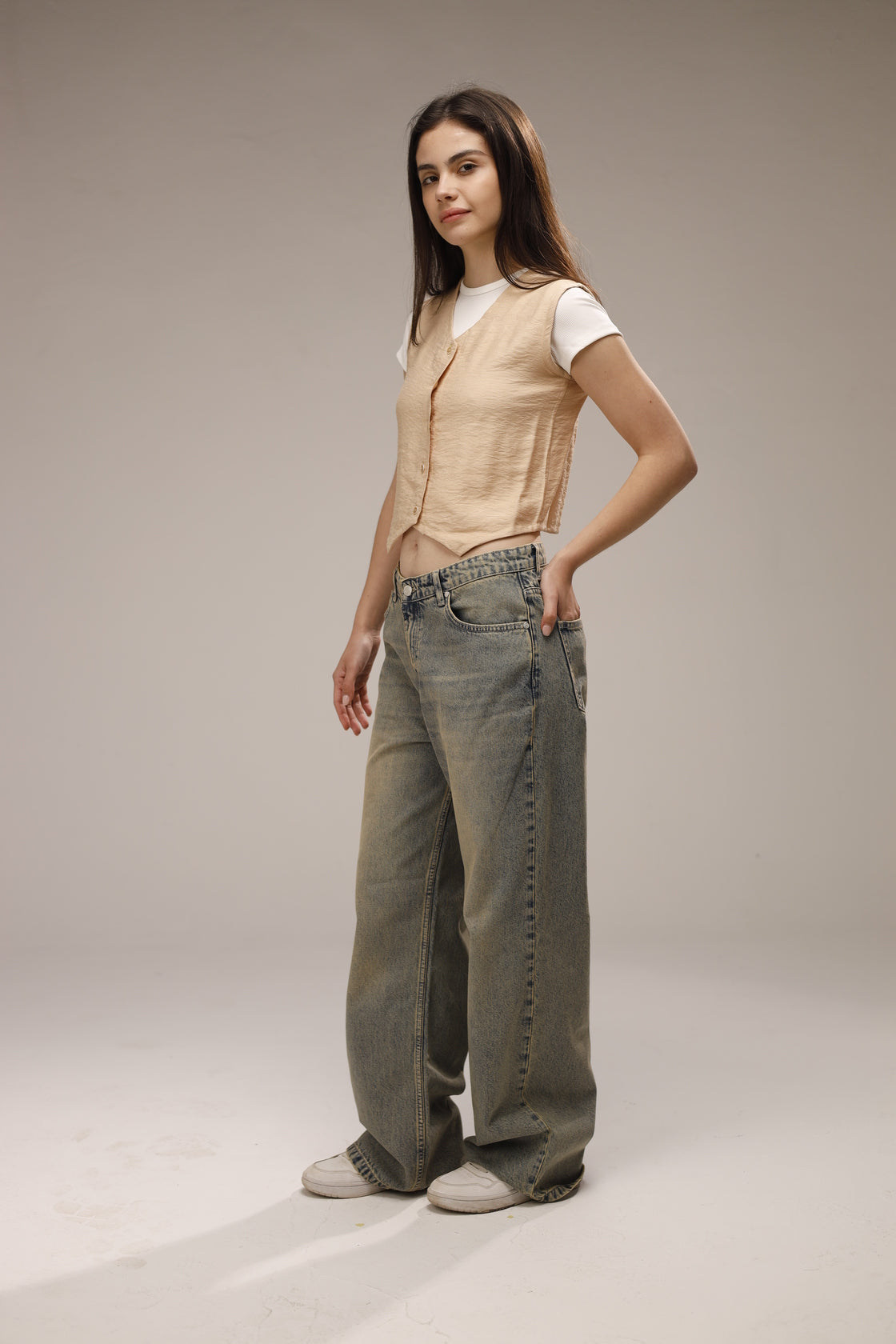 Linen Button Front Vest - Beige