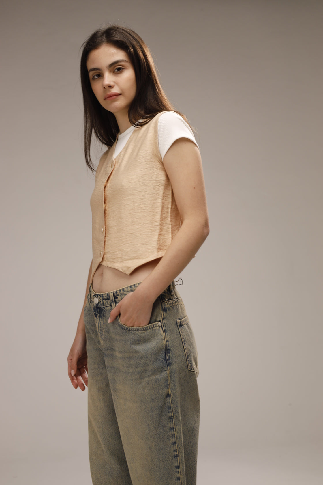 Linen Button Front Vest - Beige