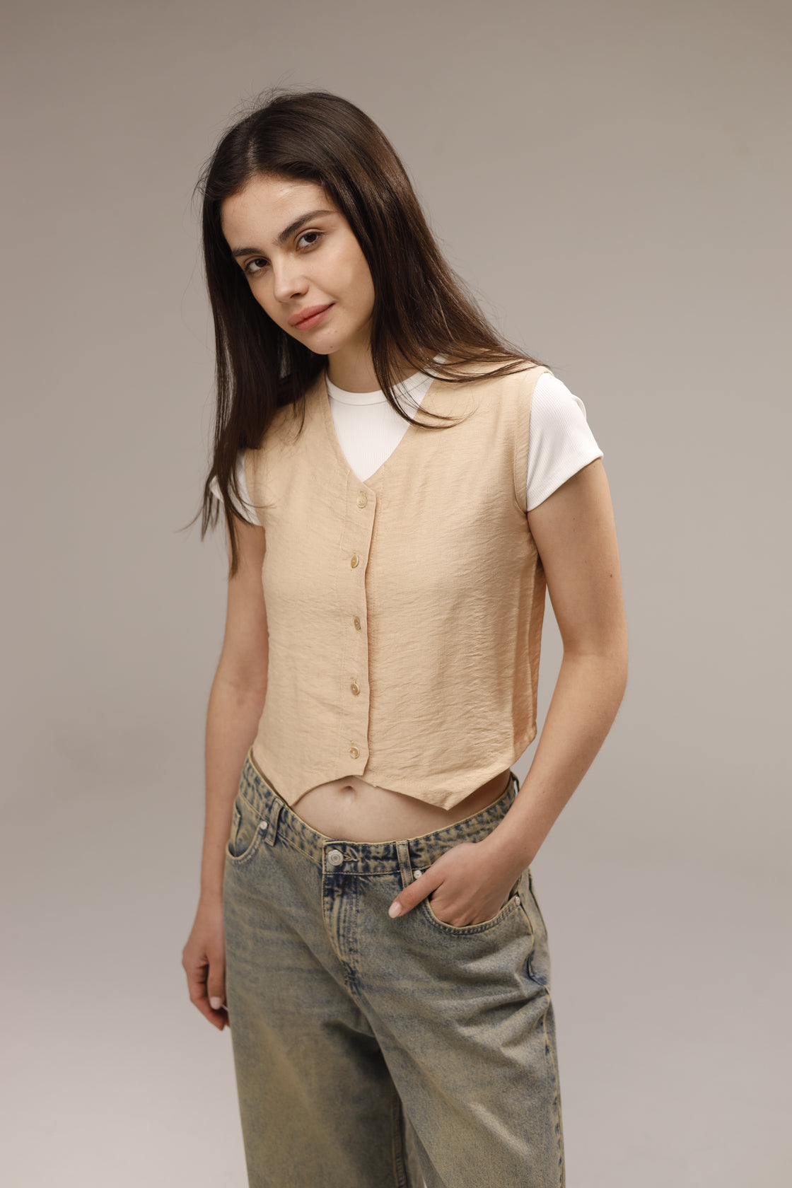 Linen Button Front Vest - Beige