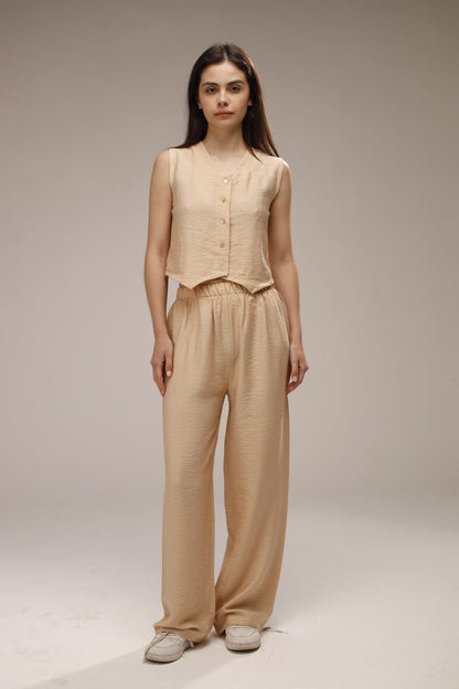 Linen Button-Front Vest & Wide-Leg Pants Set - Beige