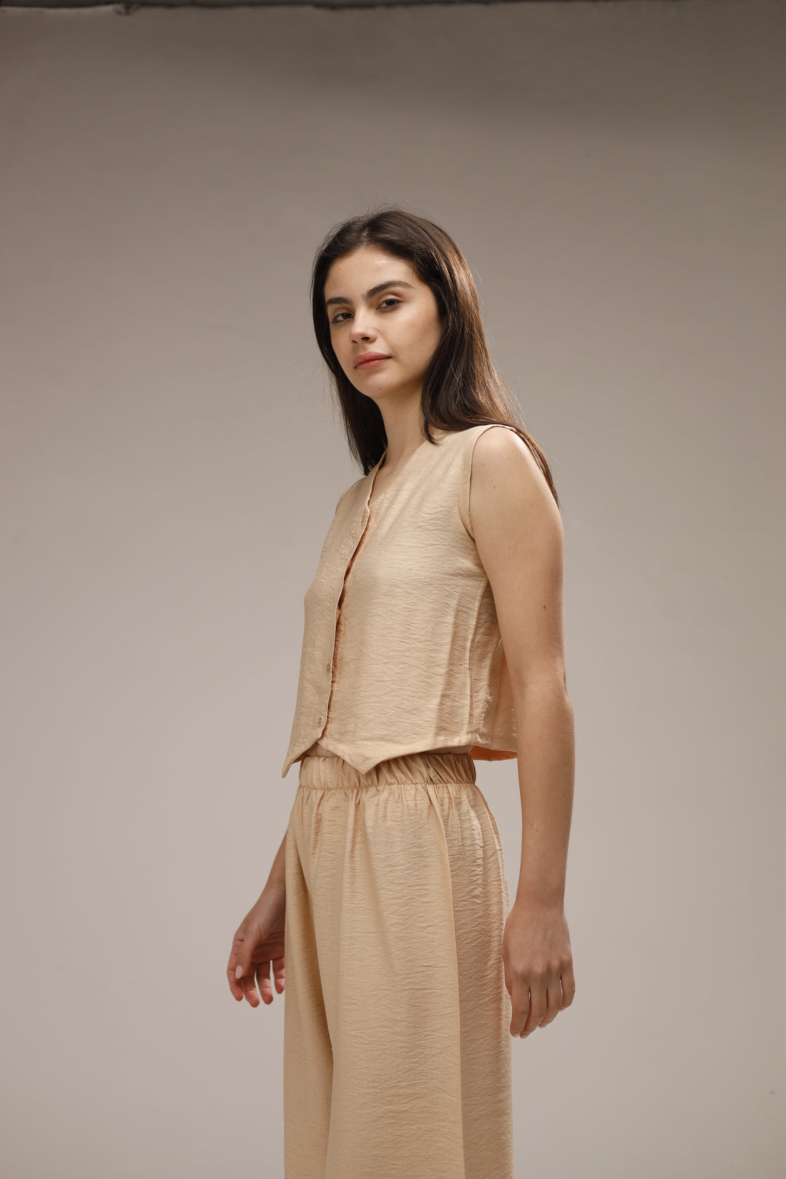 Linen Button-Front Vest & Wide-Leg Pants Set - Beige