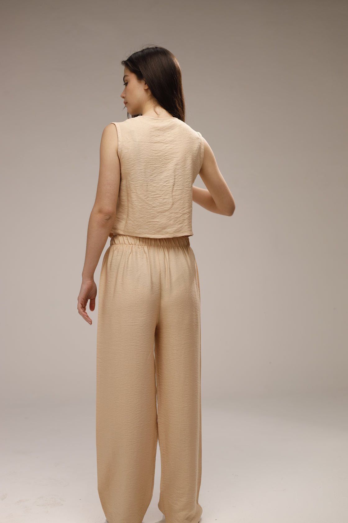 Linen Button-Front Vest & Wide-Leg Pants Set - Beige