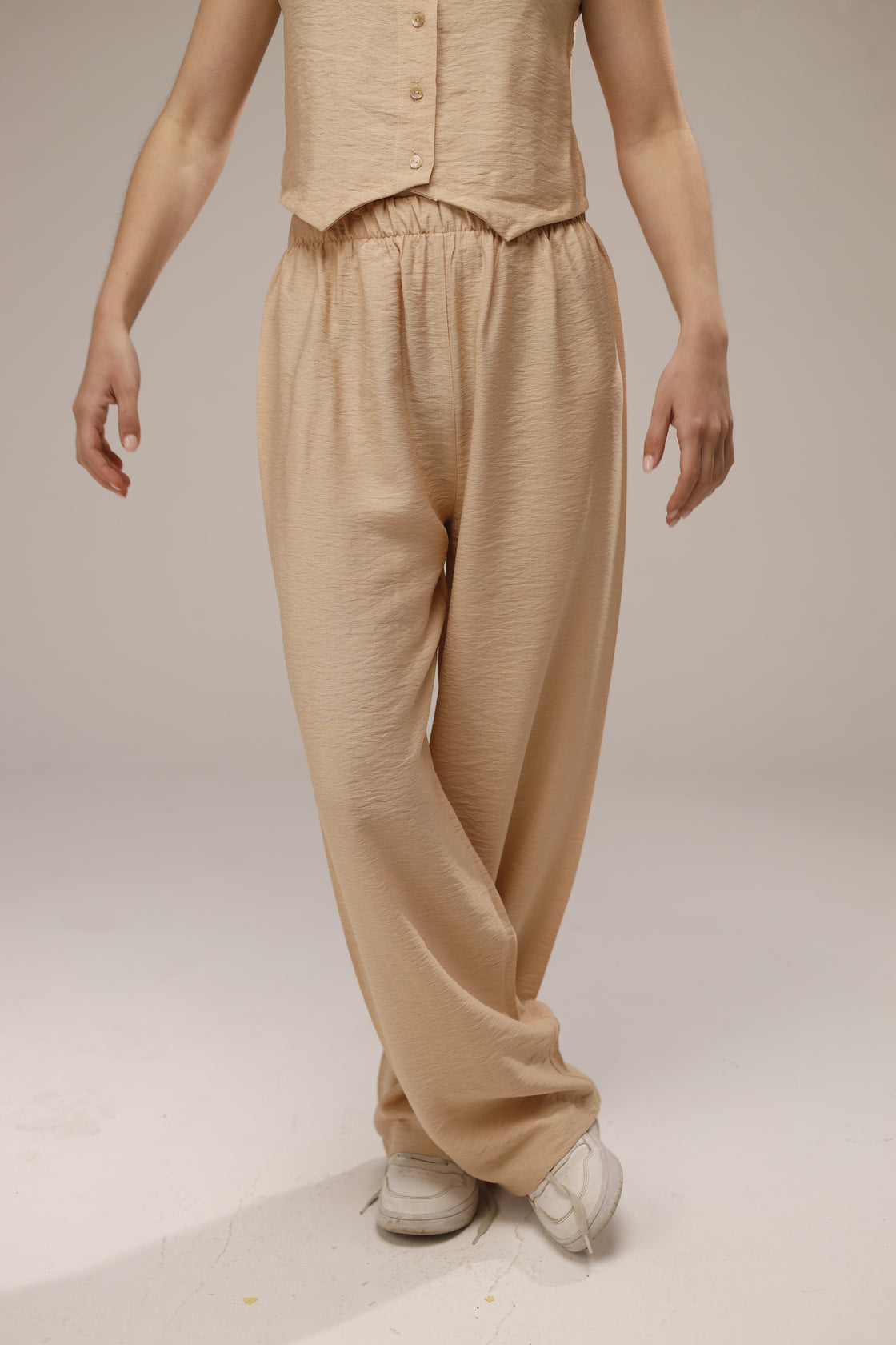 Linen Button-Front Vest & Wide-Leg Pants Set - Beige