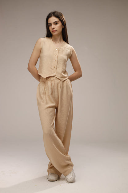 Linen Button Front Vest - Beige