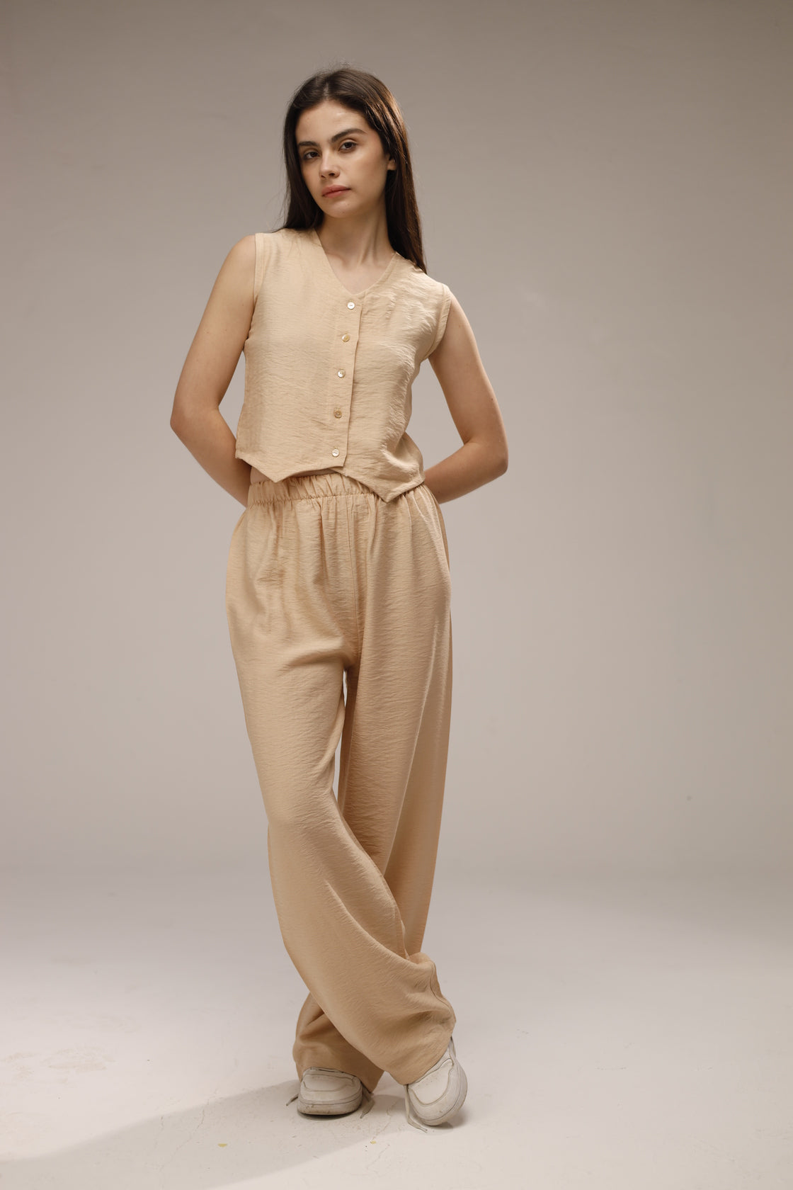 Linen Button-Front Vest & Wide-Leg Pants Set - Beige