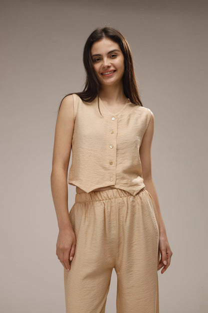 Linen Button Front Vest - Beige