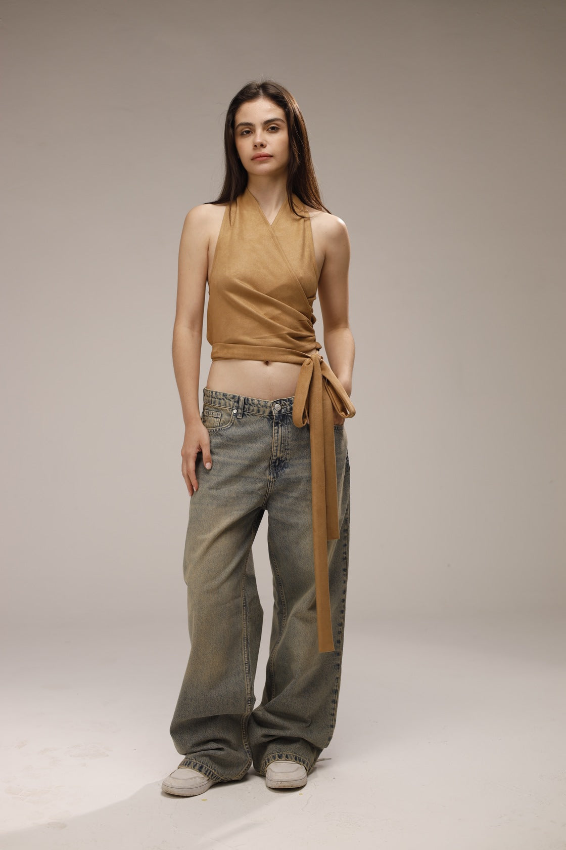 Suede Wrap Backless Cropped Top - Beige