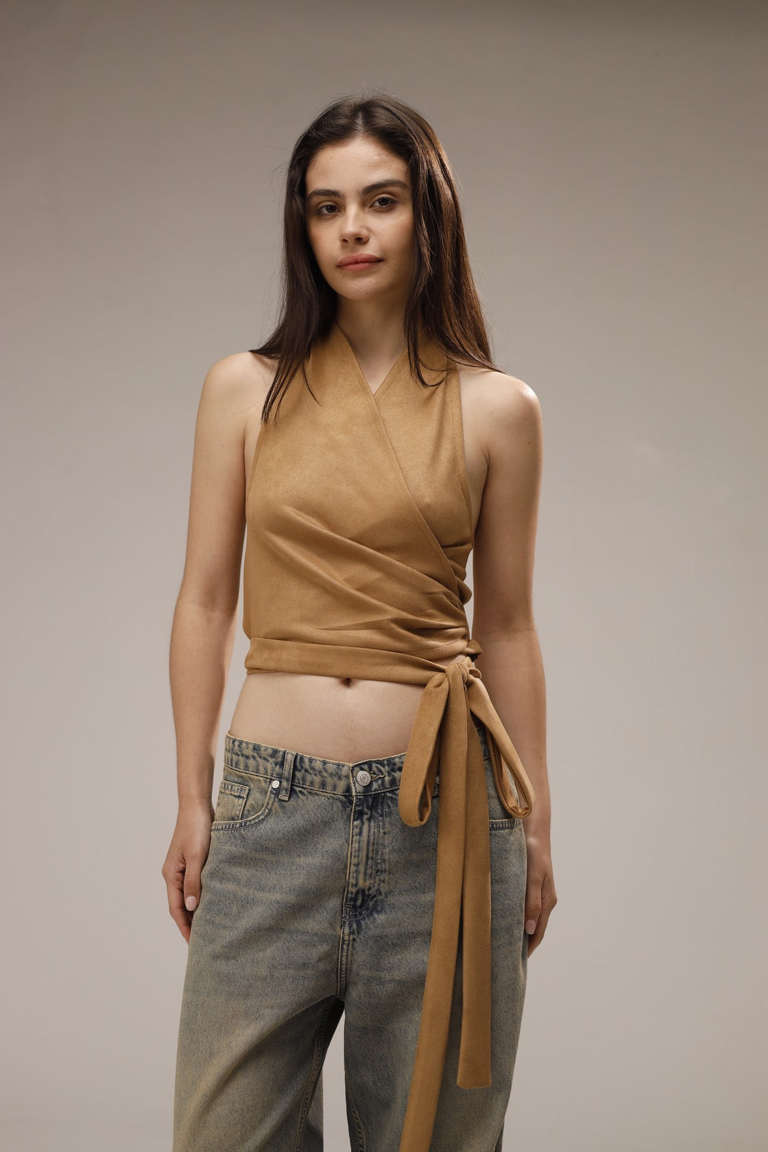 Suede Wrap Backless Cropped Top - Beige
