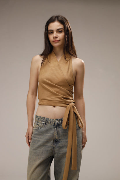 Suede Wrap Backless Cropped Top - Beige