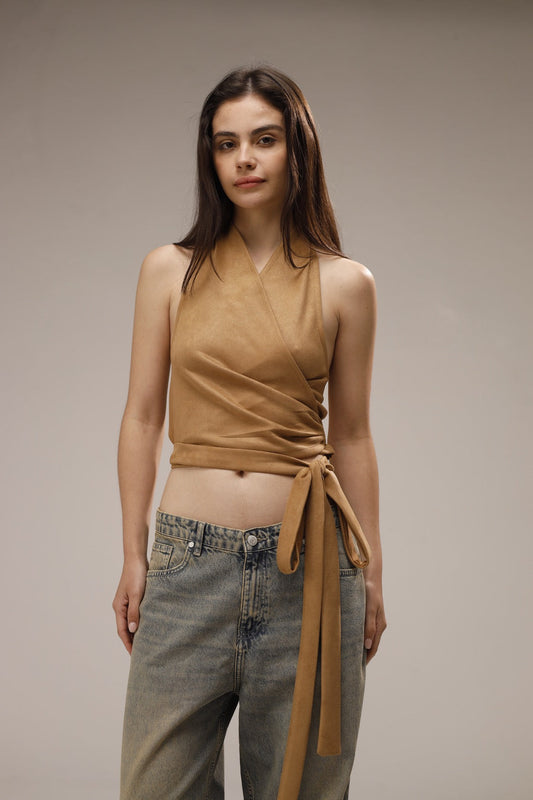 Suede Wrap Backless Cropped Top - Beige