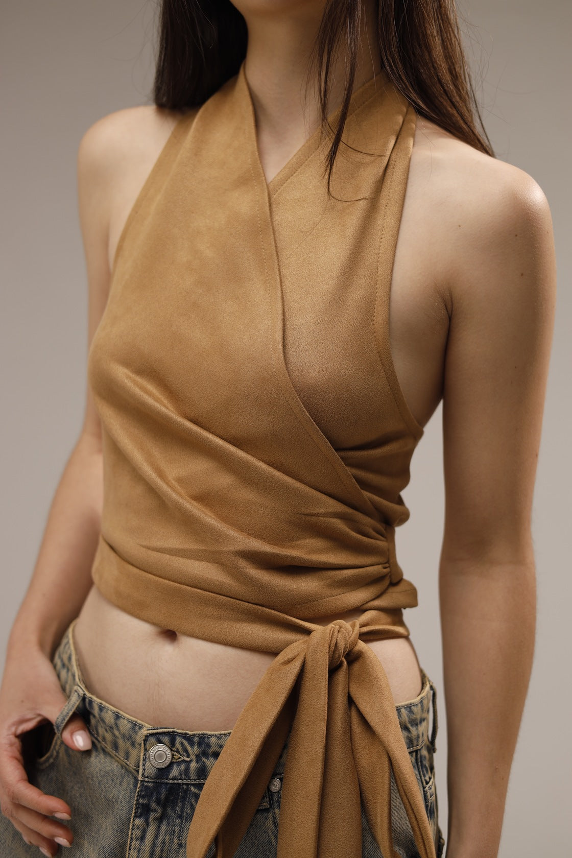 Suede Wrap Backless Cropped Top - Beige