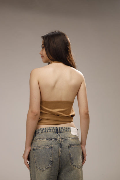 Suede Wrap Backless Cropped Top - Beige