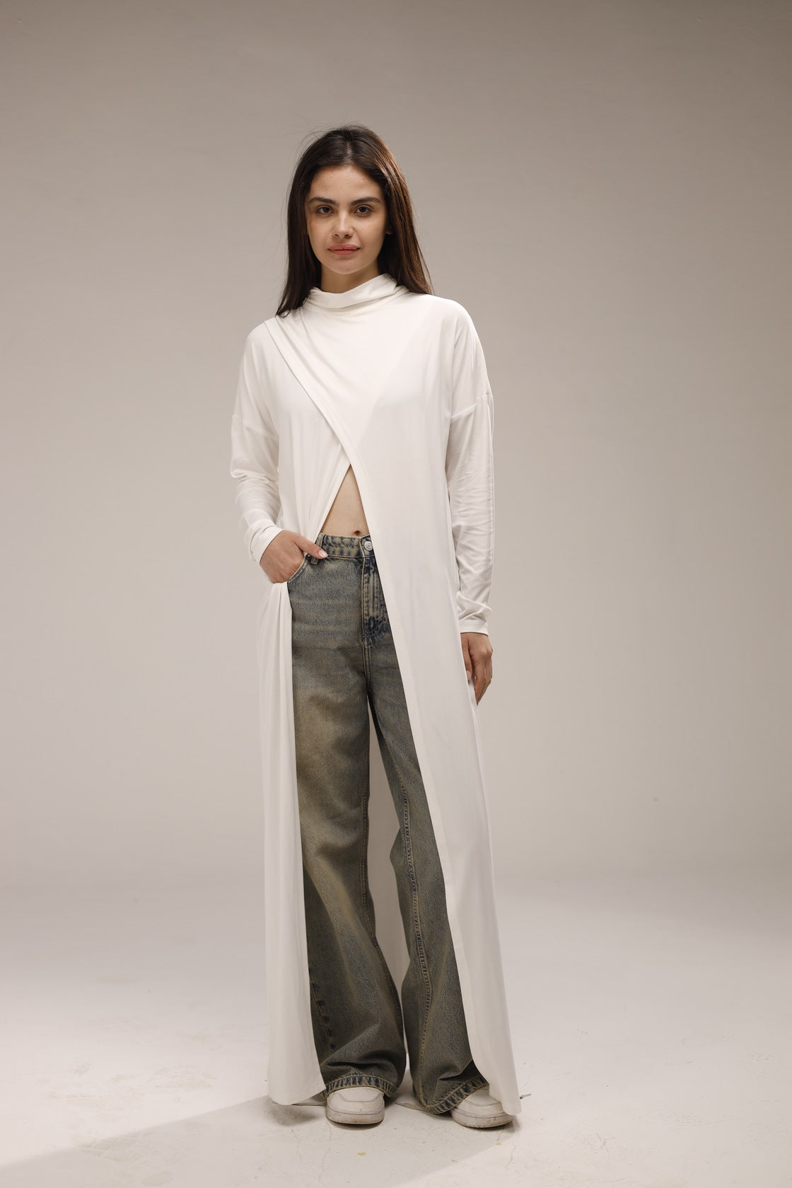 Cotton Long-Sleeved Open-Front Long Top - White