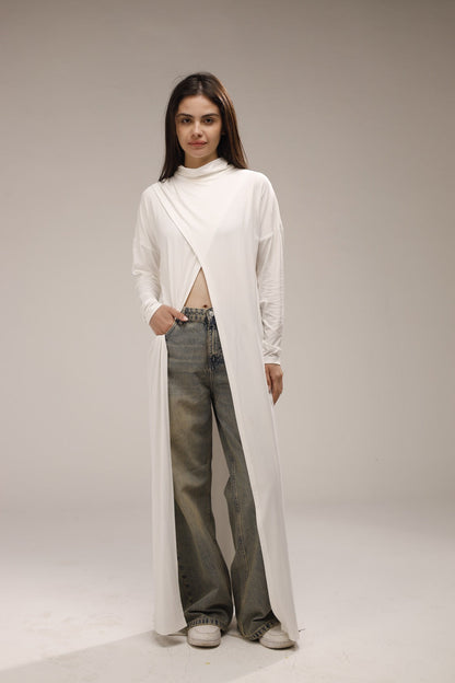Cotton Long-Sleeved Open-Front Long Top - White