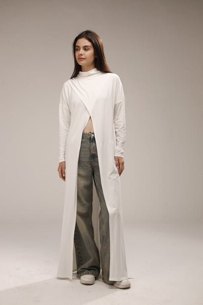 Cotton Long-Sleeved Open-Front Long Top - White