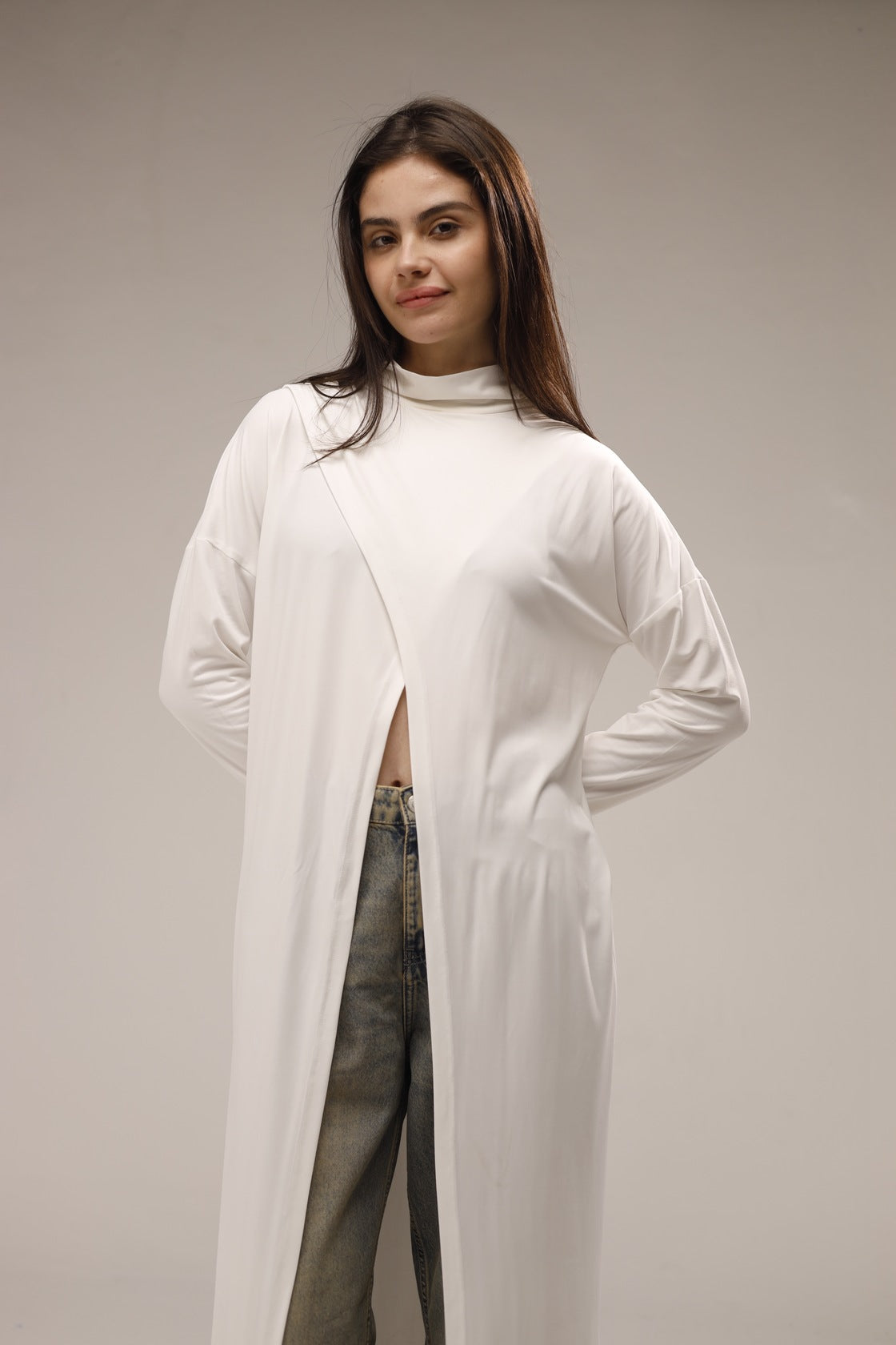 Cotton Long-Sleeved Open-Front Long Top - White