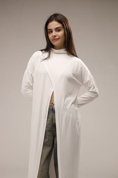 Cotton Long-Sleeved Open-Front Long Top - White