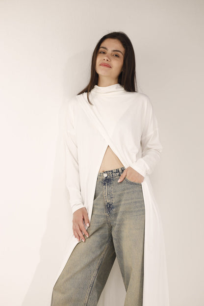 Cotton Long-Sleeved Open-Front Long Top - White