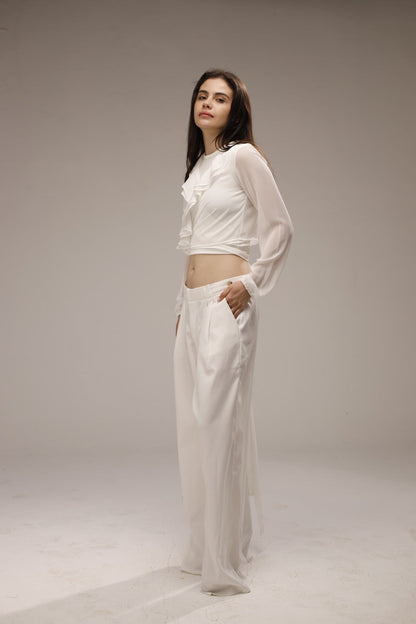 Chiffon Ruffled Neck Sheer Wrap Blouse - White