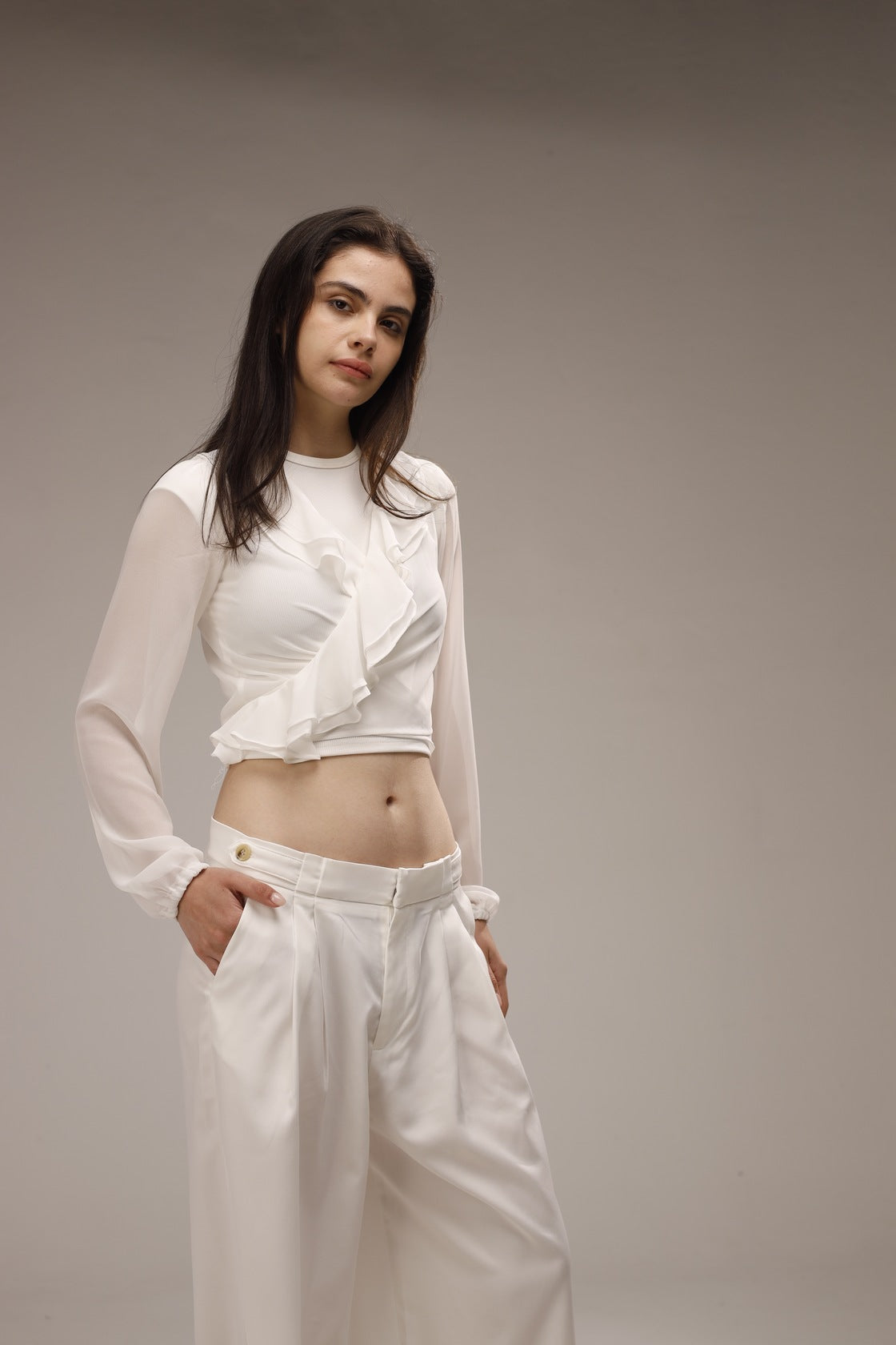 Chiffon Ruffled Neck Sheer Wrap Blouse - White