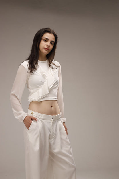 Chiffon Ruffled Neck Sheer Wrap Blouse - White
